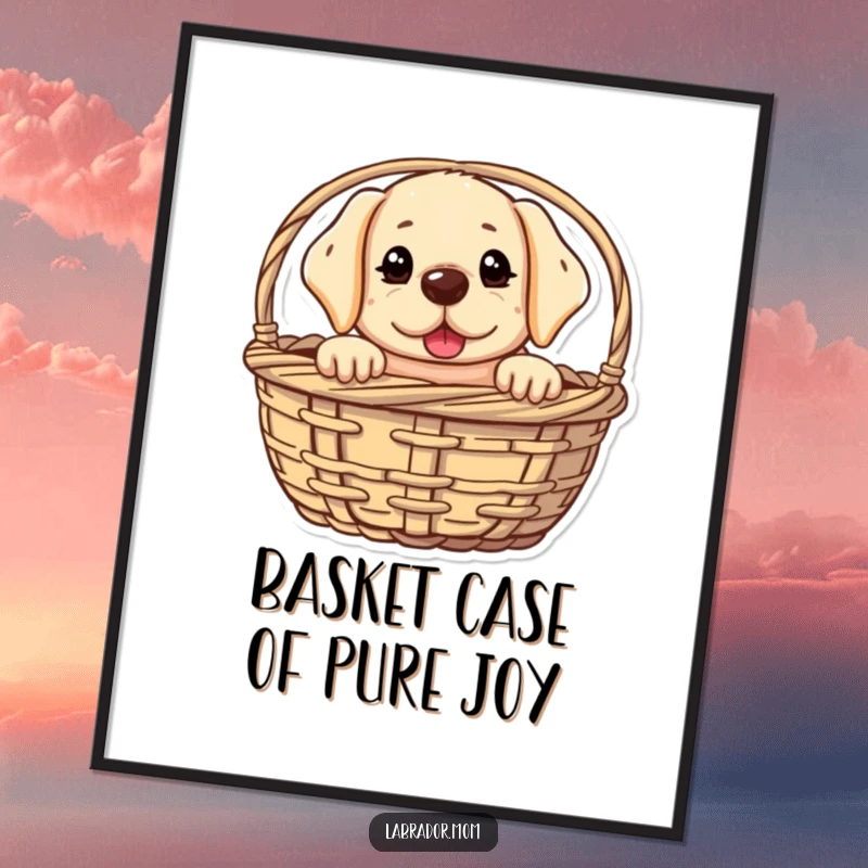 Funny free printable wall art of a kawaii labrador with a mischievous glint, peeking adorably from a basket.