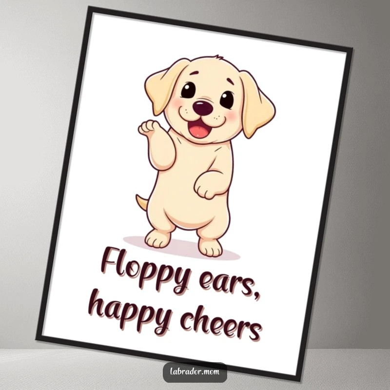 Funny free printable wall art: a kawaii Labrador puppy with floppy ears performing an energetic, joyful happy dance, full of life.