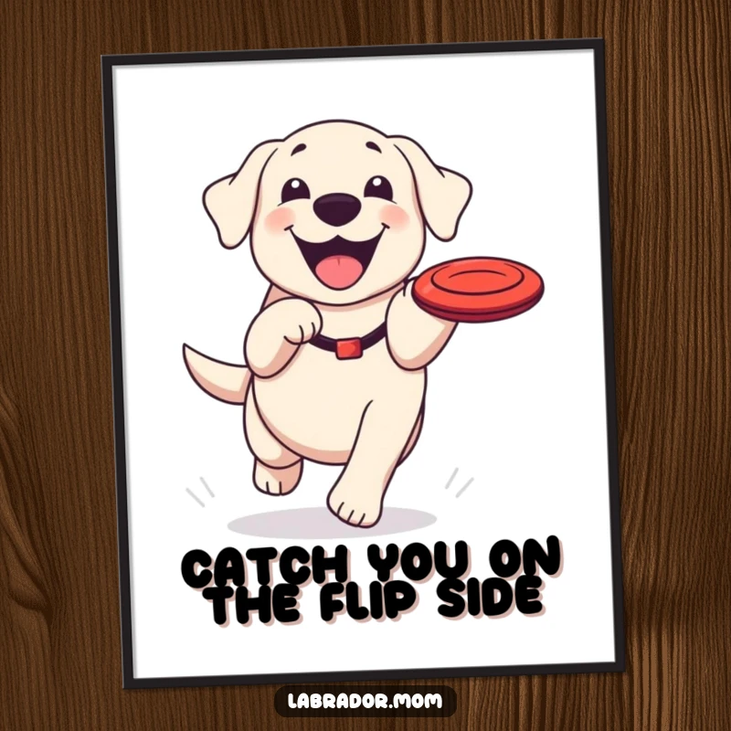 Funny Free Printable Labrador Wall Art: Kawaii dog joyfully leaping for a frisbee, a hilarious addition.