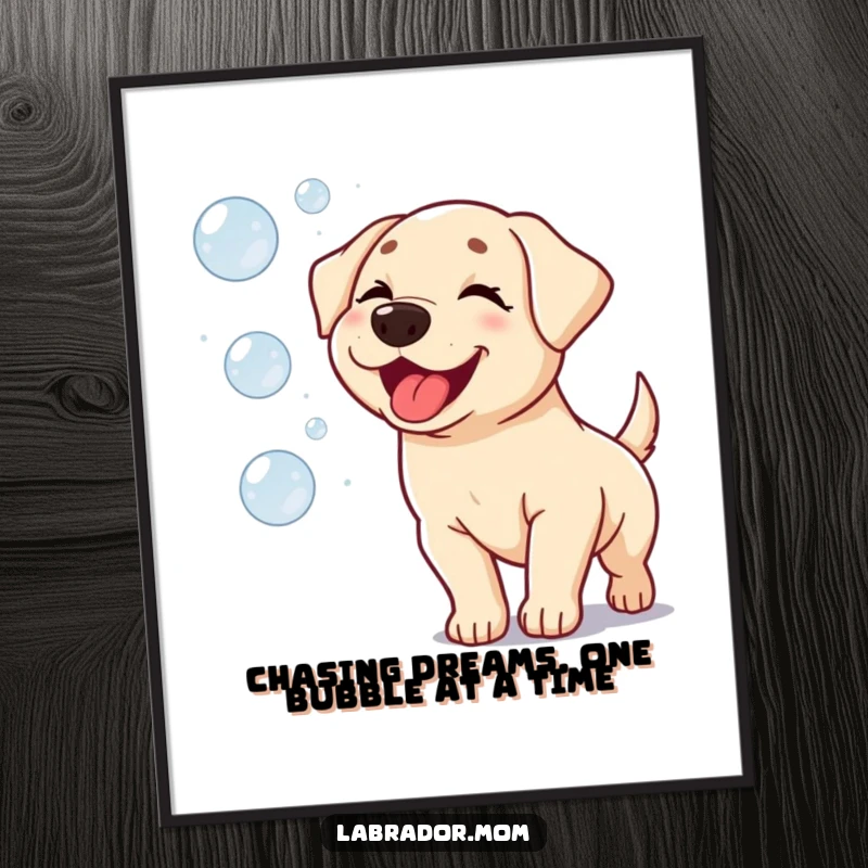 Funny Free Printable Kawaii Labrador Wall Art: Playful dog winking, chasing iridescent bubbles towards the sky.