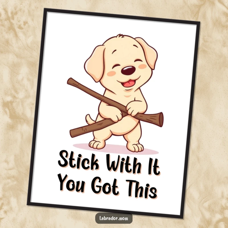 Funny Free Printable Wall Art: Kawaii Labrador shows extreme effort and determination carrying a comically oversized stick.