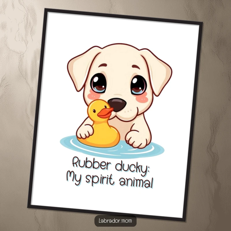 Funny free printable wall art: A kawaii labrador with large, curious eyes gently nudges a yellow rubber duck in water.