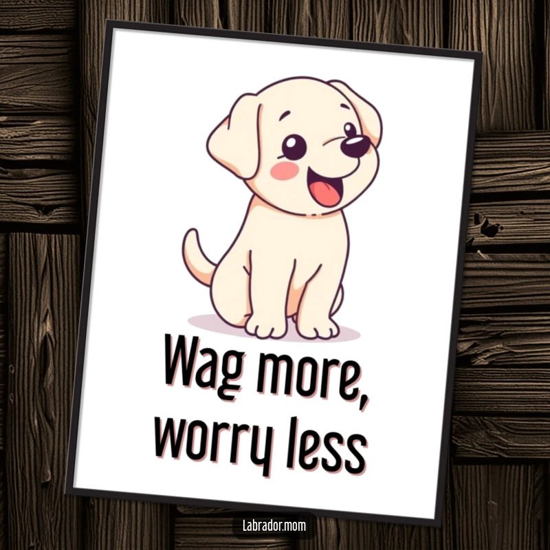 Funny free printable wall art: a kawaii Labrador puppy shaking its entire body with pure delight from its vigorously wagging tail.