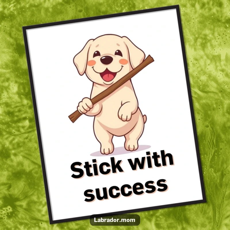 Funny Free Printable Wall Art: A super enthusiastic Kawaii Labrador excitedly carries a stick that is twice its own size, making for humorous decor.