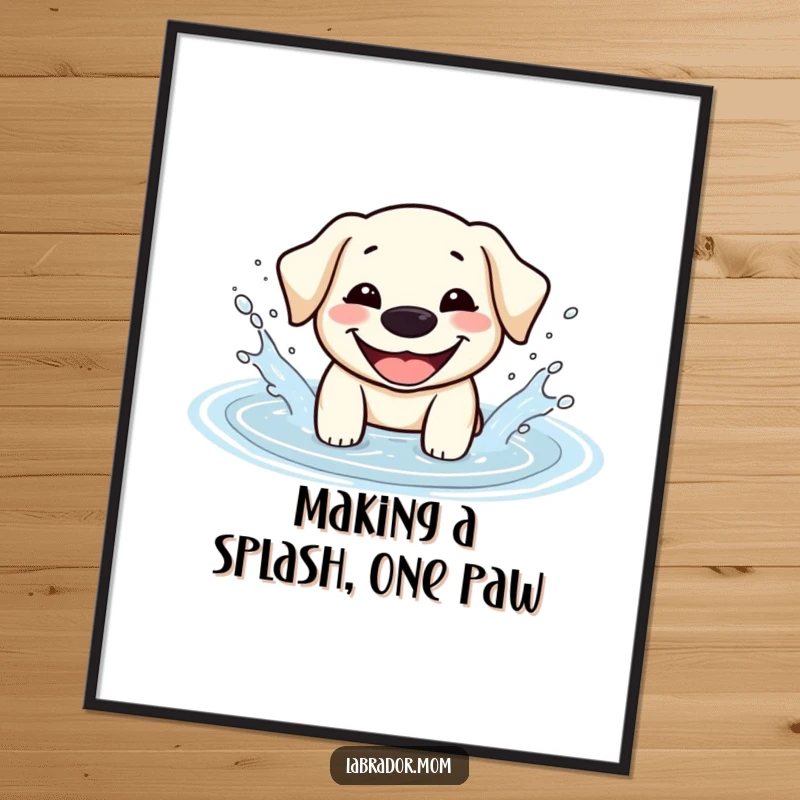Funny Free Printable Wall Art: A super happy Kawaii Labrador with a big grin gleefully splashes in a water puddle, radiating infectious joy.