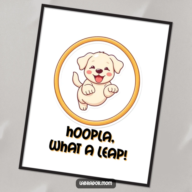 Funny Free Printable Wall Art: A super cute kawaii Labrador dog making an impressive leap through a hoop.