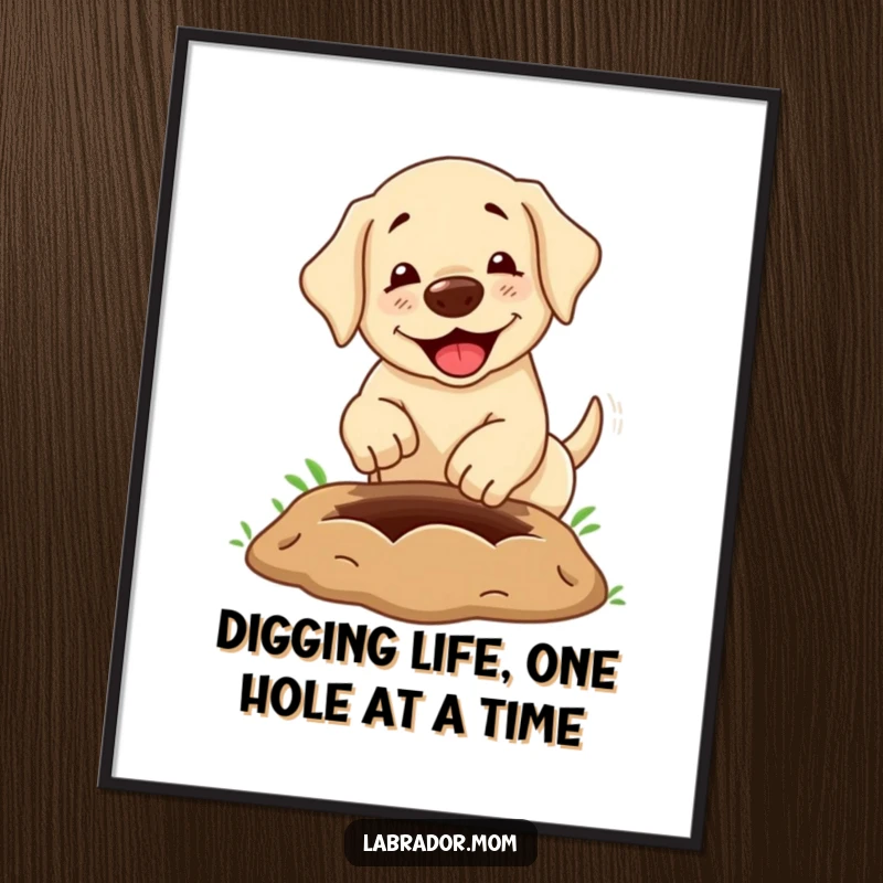 Funny Free Printable Wall Art: Kawaii labrador digging a enormous hole, humorous dog art, downloadable decor.