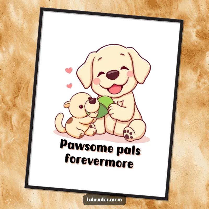 Funny Free Printable Wall Art: Two cute kawaii labradors, looking pleased as punch, sharing a beloved toy together.