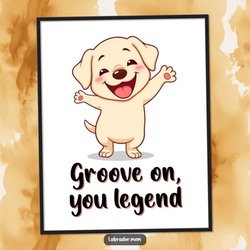 Funny Free Printable Wall Art: Kawaii Labrador doing a silly, exaggerated dance with a huge, goofy smile, radiating pure fun.