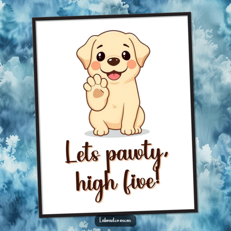 Funny Free Printable wall art of a smiling kawaii labrador offering its paw for a high-five, radiating friendly vibes and playful warmth.