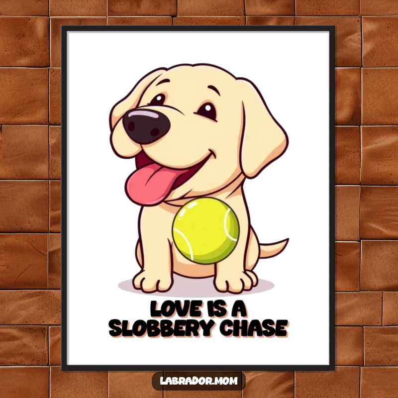 Funny Free Printable Labrador Wall Art: Kawaii dog panting happily with a tennis ball, adding humor.