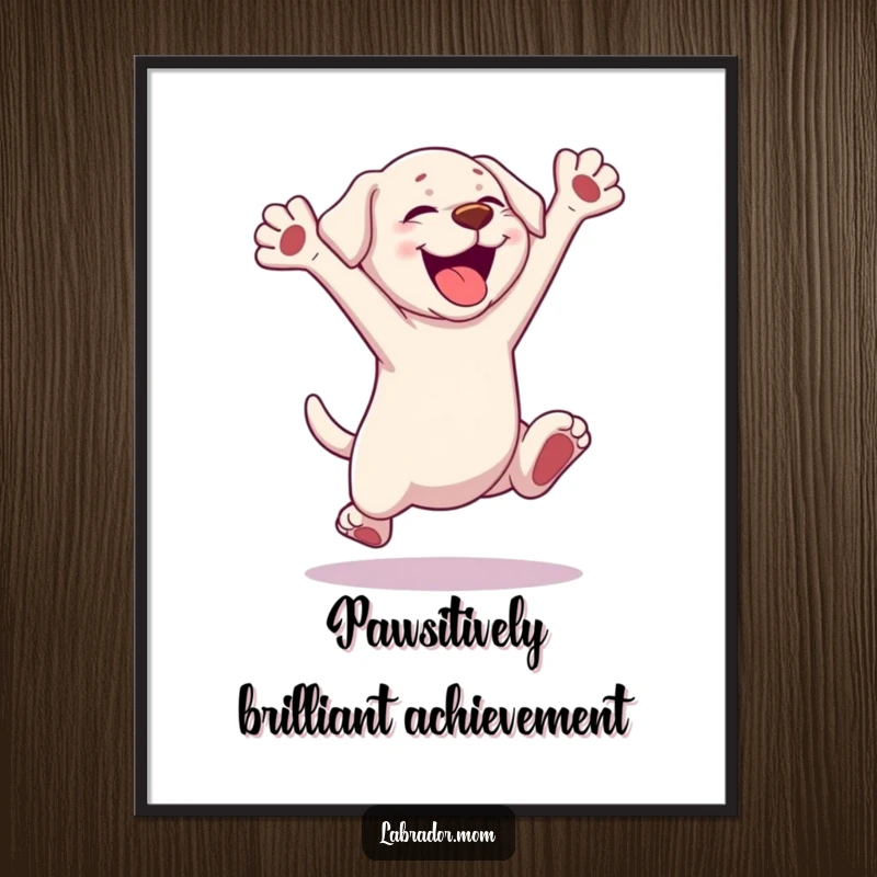 Funny Free Printable Wall Art: Kawaii Labrador in mid-air, leaping with pure exhilaration and outstretched paws, bringing joy to any room.
