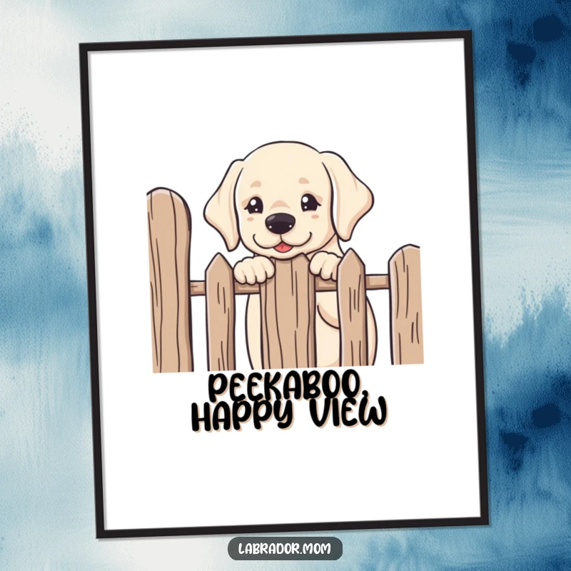 Funny free printable wall art: a kawaii Labrador puppy peeking curiously over a fence, with big, friendly eyes full of wonder.
