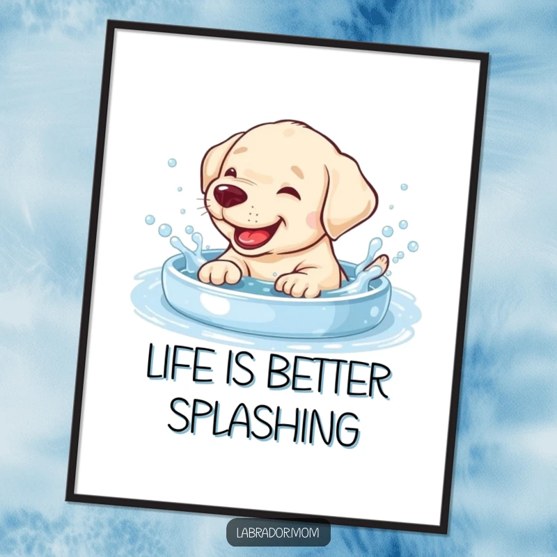 Funny Free Printable Wall Art: Giggling Labrador cub splashing in bubbly pool, playful moments, cute water art, DIY decor.
