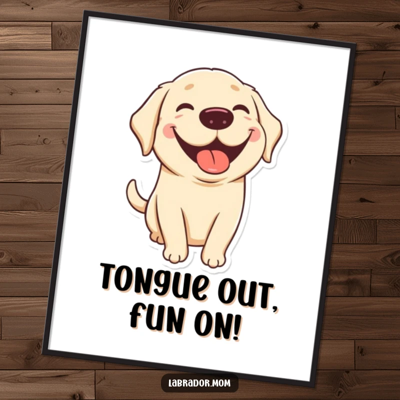 Funny free printable wall art of a kawaii labrador with a big grin and its tongue sticking out playfully.