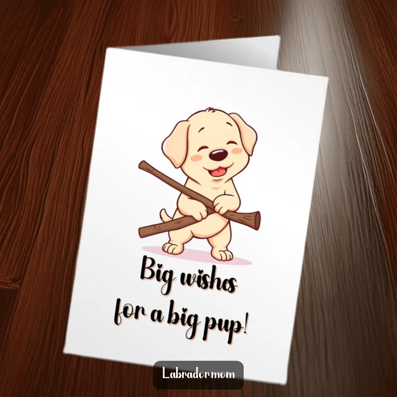 Funny Free Printable Birthday Card: Kawaii Labrador hilariously attempts to carry a stick far too big, wiggling with effort.