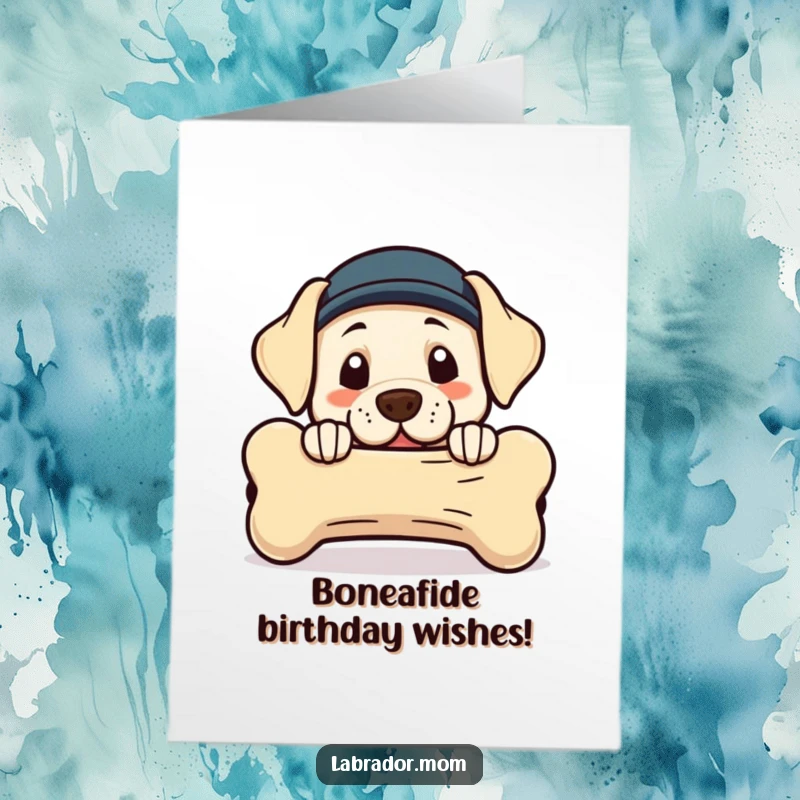Funny free printable birthday card with a kawaii labrador peeking playfully from behind a comically large bone.