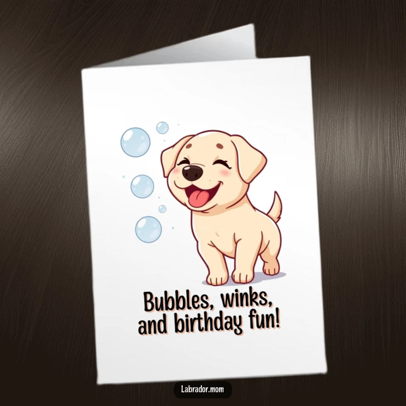 Funny Free Printable Kawaii Labrador Birthday Card: Adorable dog winking and joyfully chasing skyward bubbles.