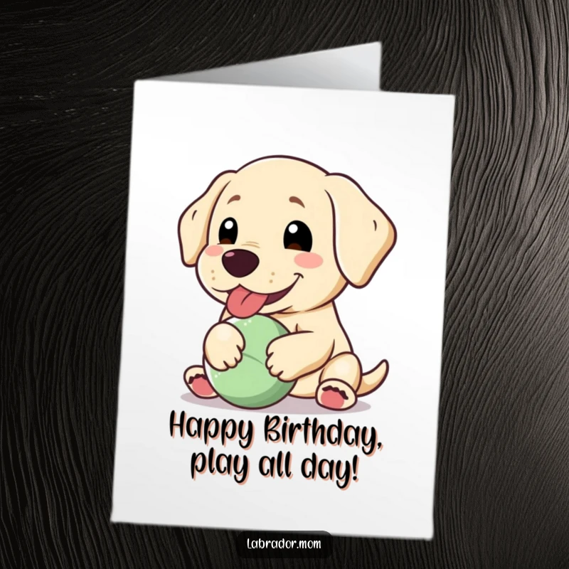 Funny Free Printable Birthday Card: A happy Kawaii Labrador with a floppy ear pants contentedly, holding a ball.
