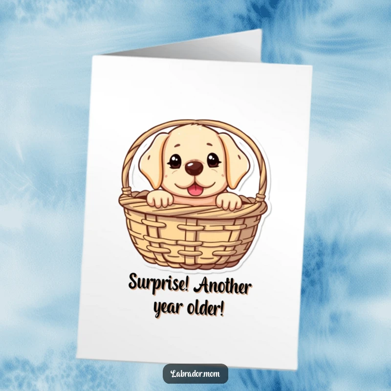 Funny free printable birthday card featuring a kawaii labrador peeking out of a basket with a mischievous glint in its eye.