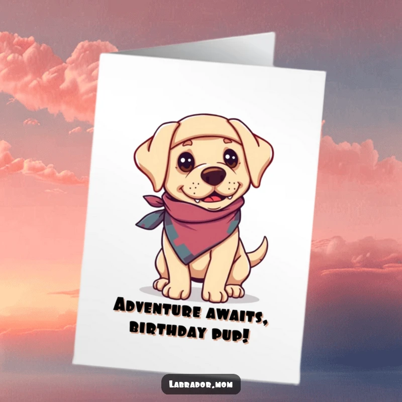 Funny Free Printable Birthday Card featuring a bandana-clad Labrador with an adventurous spirit, ready for fun. Downloadable art.