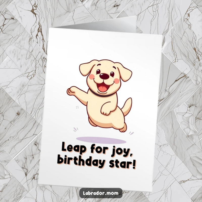 Funny Free Printable Birthday Card: Kawaii Labrador leaping with excitement, perfect for a joyful celebration.