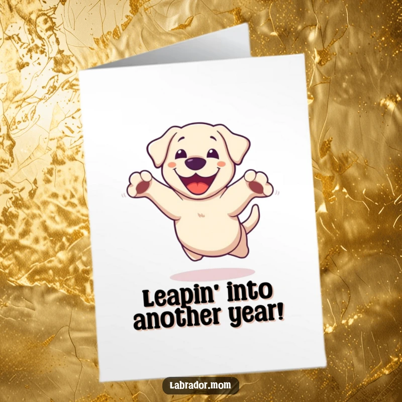 Funny Free Printable Birthday Card: Kawaii Labrador doing a joyful leap with paws outstretched, celebrating the day.