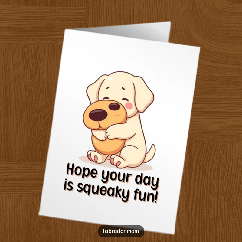 Funny Free Printable Birthday Card: Adorable kawaii labrador joyfully hugs a giant squeaky toy, ready for birthday fun.