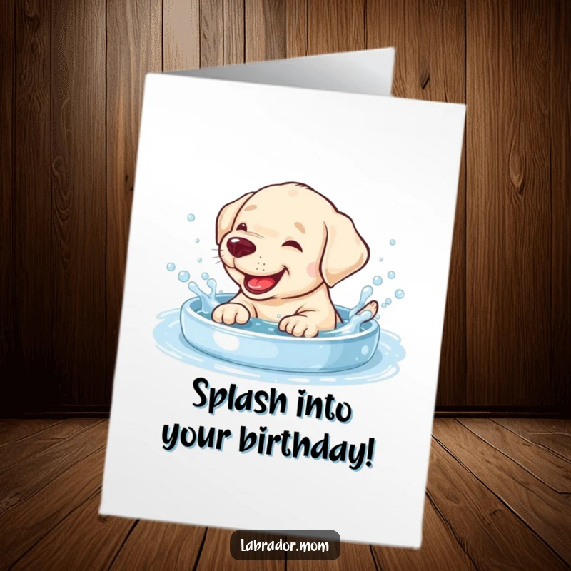 Funny Free Printable Birthday Card: Giggling Labrador cub splashing happily in bubbly pool, pure joy, DIY gift.