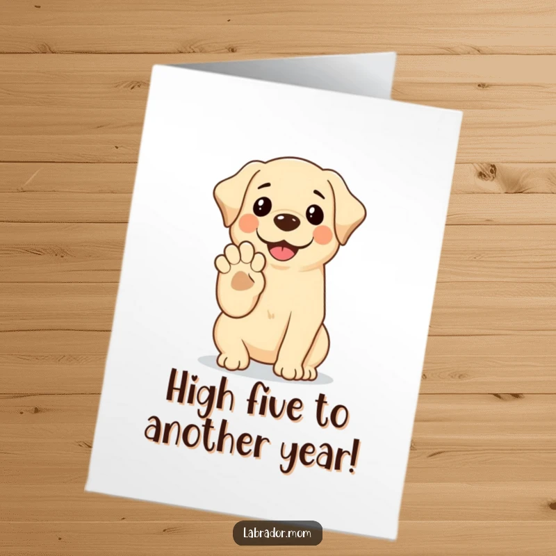 Funny Free Printable birthday card of a smiling kawaii labrador offering its paw for a cheerful high-five, spreading birthday joy and camaraderie.