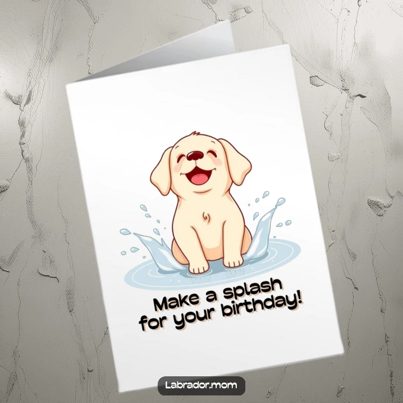 Funny Free Printable Labrador Birthday Card: Delightful Kawaii dog joyfully splashing in a puddle.