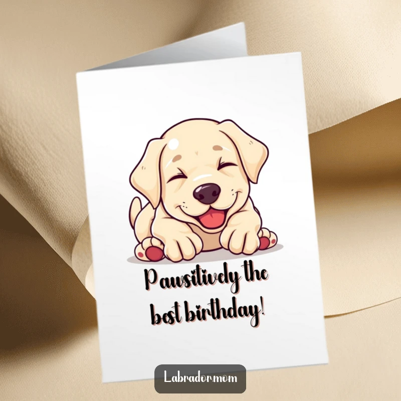 Funny free printable birthday card: a cute kawaii Labrador puppy tumbling head over paws in pure glee, ready to celebrate.