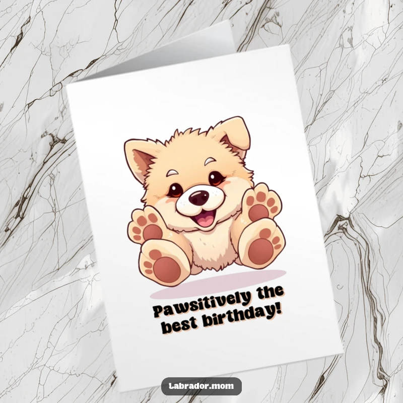Funny Free Printable Birthday Card: Fluffy dog with oversized paws joyfully pouncing forward, ready to celebrate.