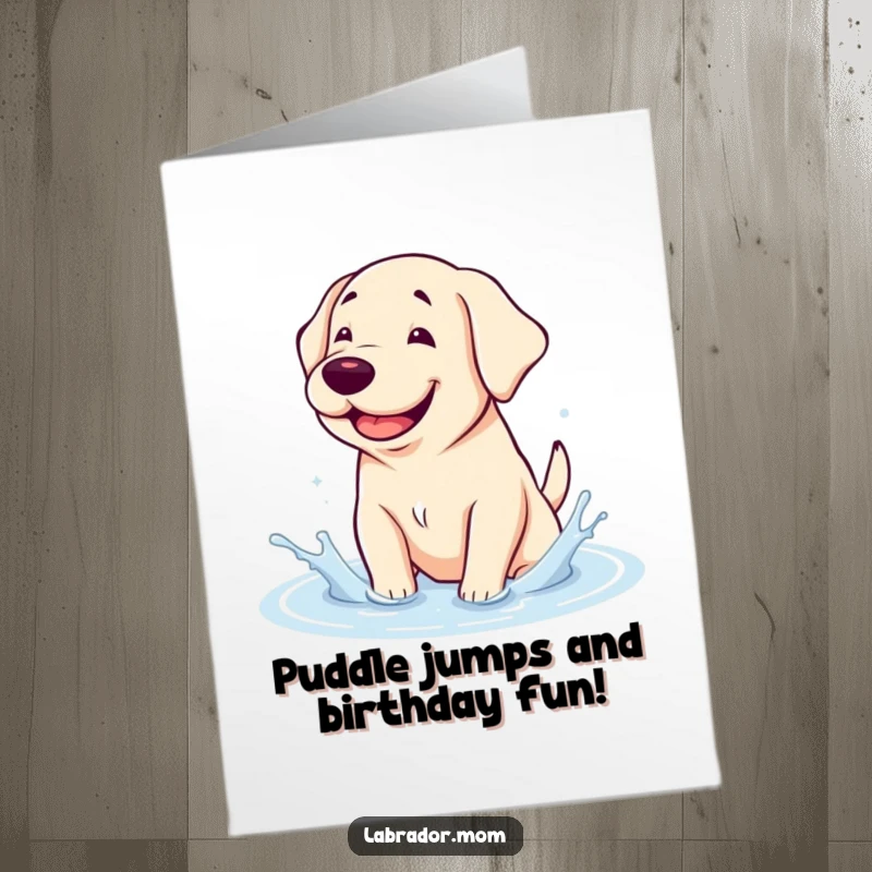 Funny free printable birthday card: Cute kawaii labrador with a huge goofy grin joyfully splashes in a muddy puddle.