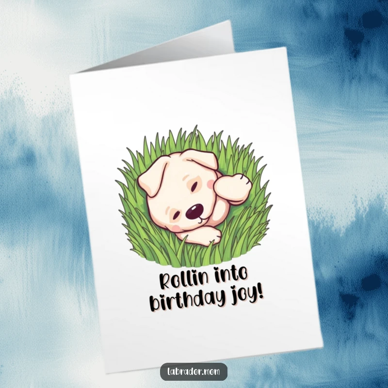 Funny Free Printable Birthday Card: Cute kawaii labrador rolls playfully in green grass, embodying pure birthday joy.