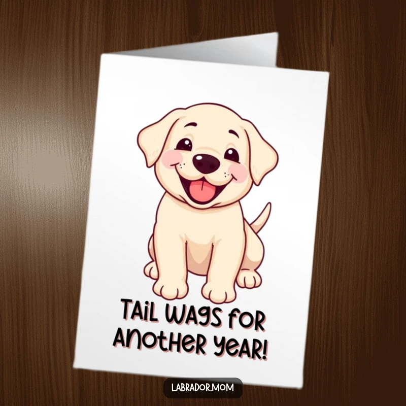 Funny Free Printable Birthday Card: Smiling Labrador cub panting happily, tail wagging, pure joy, DIY gift.