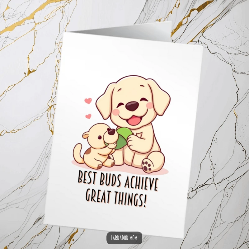 Funny Free Printable Congratulations Card: Two kawaii labradors, one handing a toy to the other, radiating friendship and success.