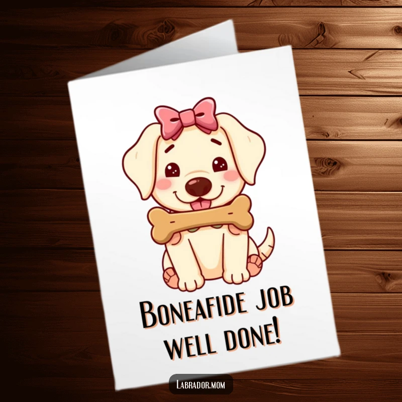 Funny Free Printable Congratulations Card: Kawaii Labrador in a bow, politely offering a large, juicy bone to celebrate a win.