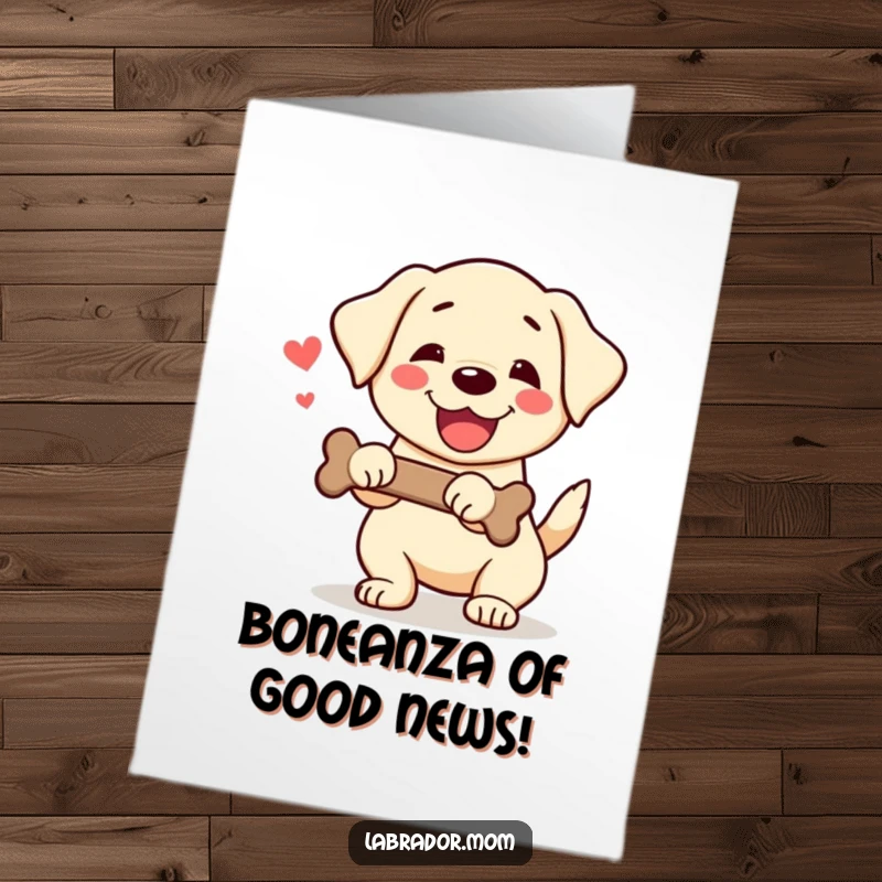 Funny Free Printable congratulations card of a kawaii labrador wagging its tail furiously while holding a bone, cheering for your awesome accomplishment.