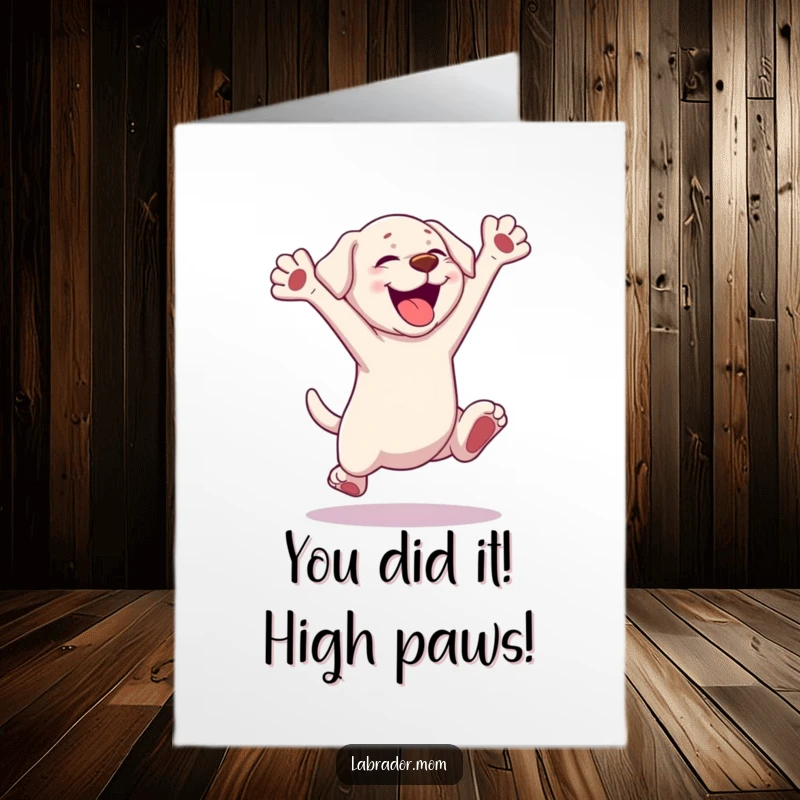Funny Free Printable Congratulations Card: Kawaii Labrador leaping high with excitement, celebrating a momentous achievement with boundless energy.
