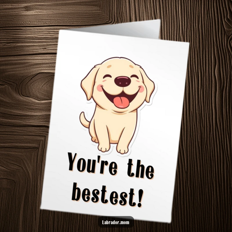 Funny free printable congratulations card showing a kawaii labrador with a big grin and its tongue out, celebrating happily.