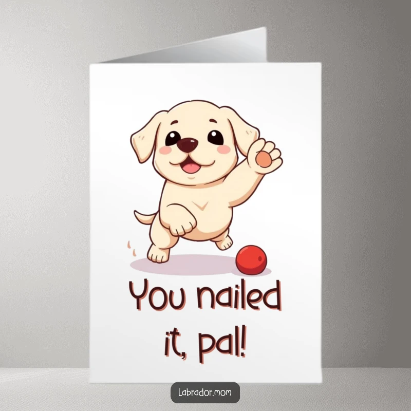 Funny free printable congratulations card featuring a kawaii labrador in a dynamic, playful pounce, celebrating success.