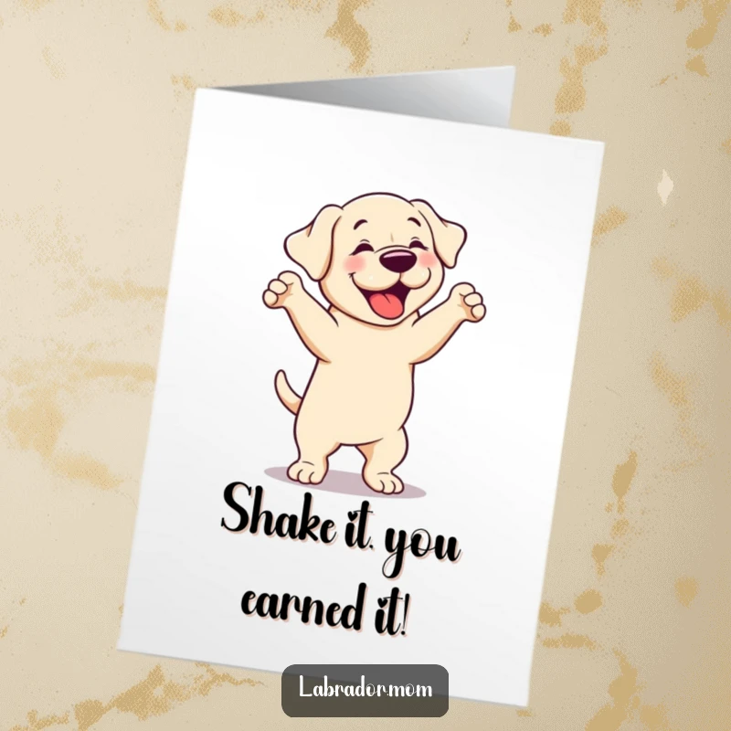 Funny Free Printable Congratulations Card: Cute Labrador performing a silly, joyful dance, celebrating success.
