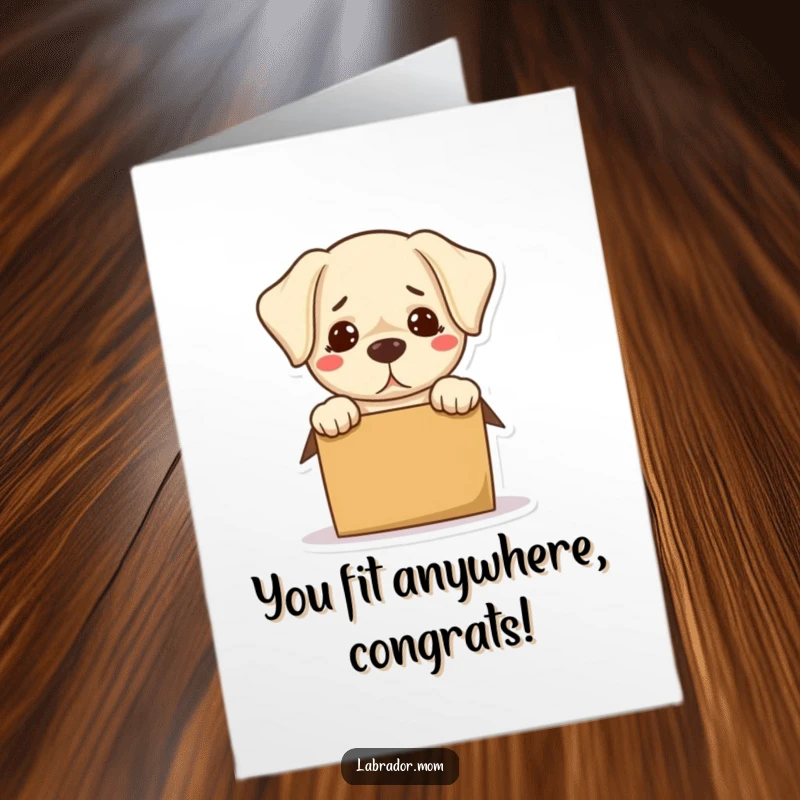 Funny Free Printable congratulations card showing a bewildered kawaii labrador hilariously failing to fit into a tiny box, celebrating your big win.