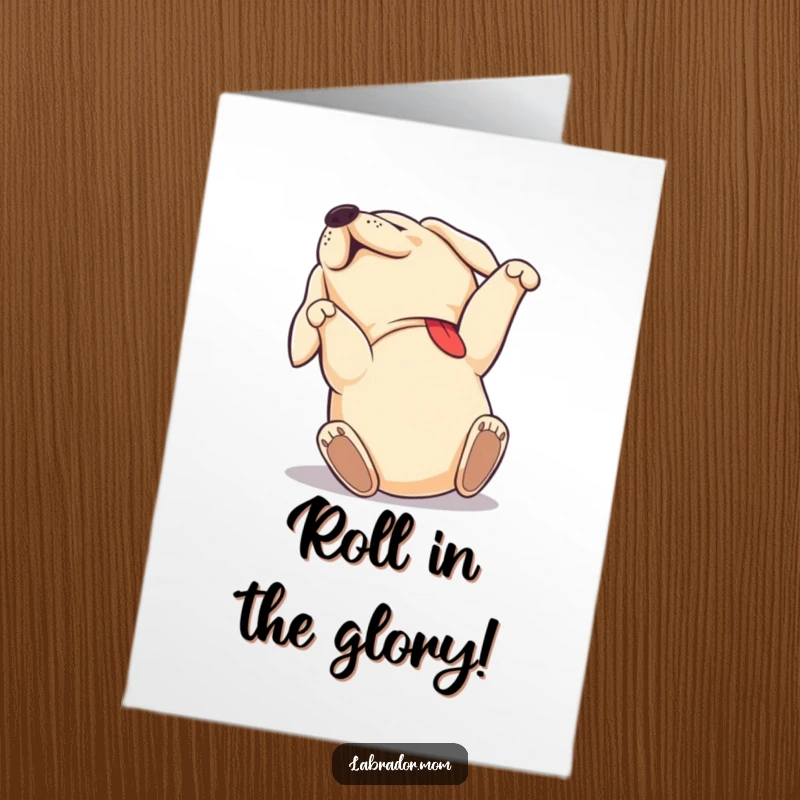 Funny Free Printable Congratulations Card: A Labrador dog rolling on its back with pure joy, celebrating a fantastic achievement.