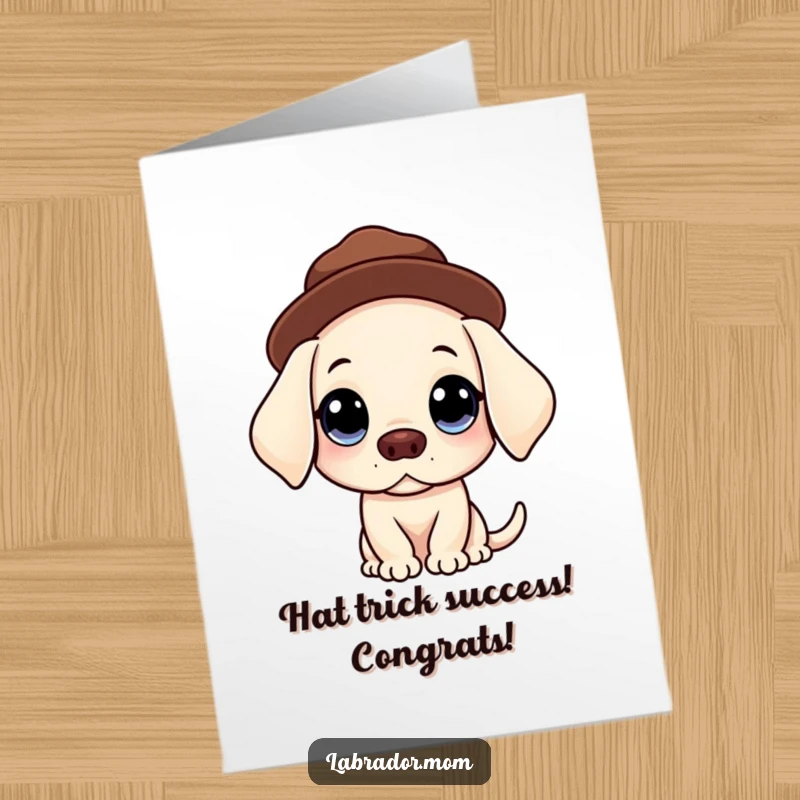 Funny Free Printable Congratulations Card: A Kawaii Labrador with wide, innocent eyes skillfully balances a hat on its head, looking endearingly sophisticated.