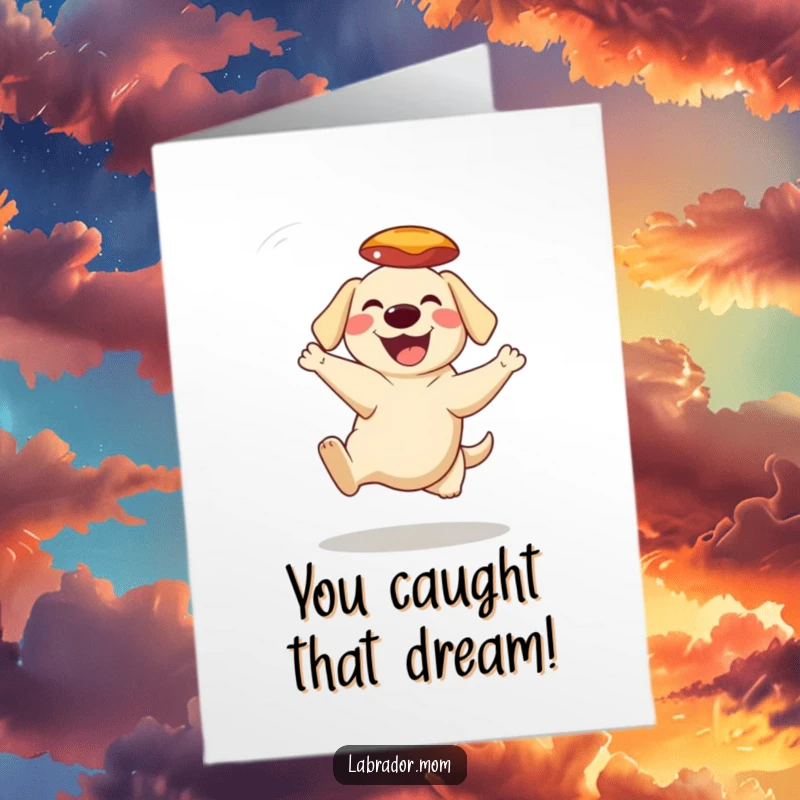 Funny Free Printable Congratulations Card: A grinning Labrador dog mid-air catching a frisbee with enthusiasm.