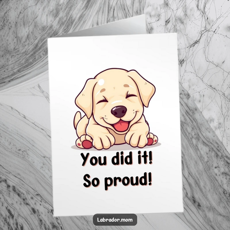 Funny free printable congratulations card: a happy kawaii Labrador puppy tumbling with excitement, celebrating success with pure joy.