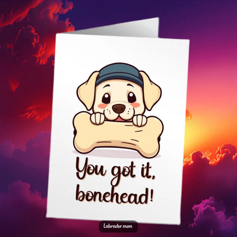 Funny free printable congratulations card featuring a kawaii labrador peeking curiously from behind a giant bone.