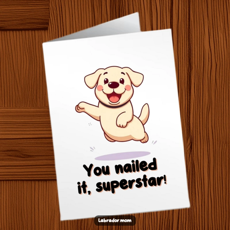 Funny Free Printable Congratulations Card: Kawaii Labrador mid-leap, showcasing enthusiastic celebration and achievement.